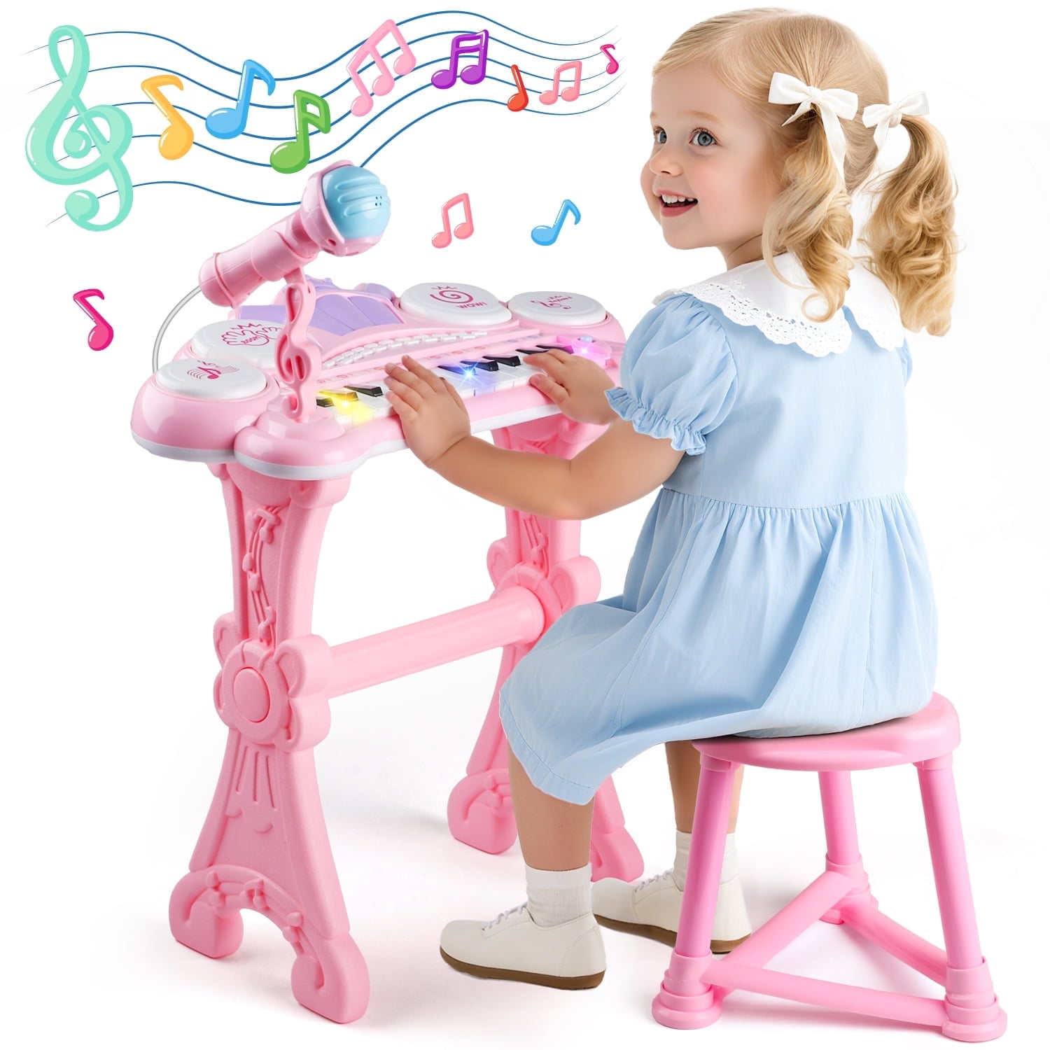 Flooyes Kids Electronic Piano Keyboard, 24-Key Kids Piano Music Toy with Microphone, Birthday Gift for 3 4 5 6 Year Old Toddler Girls, Stool - Pink
