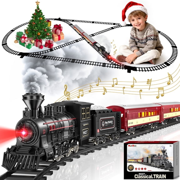 Flooyes Electric Train Set, Metal Alloy Christmas Trains with Steam Locomotive, Glowing Passenger Carriages,Christmas Train Toys for Boys Girls 3-12 Years
