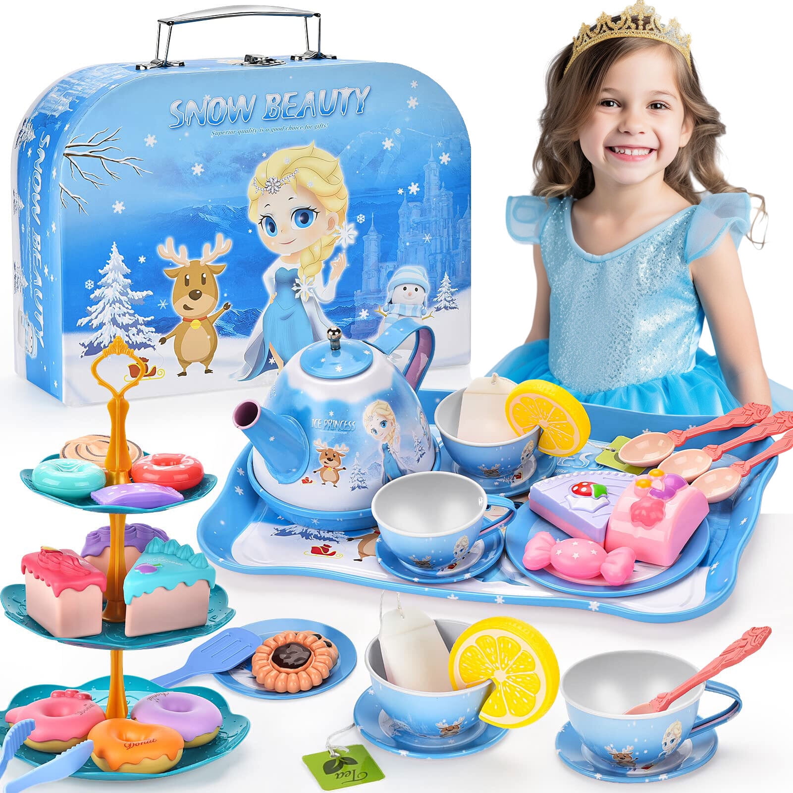 Flooyes Frozen Princess Tea Party Set for Little Girls Toys, 47PCS Toys