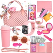 Flooyes Kids Makeup Toy Set Pretend Play Handbag Toys, Beauty Makeup Toys With Bottle and Watch For Kids Girls 3 4 5 6 7 8 Birthday Gift Pink