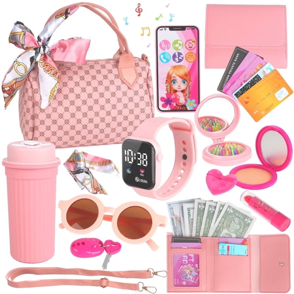 Flooyes Kids Makeup Toy Set Pretend Play Handbag Toys, Beauty Makeup Toys With Bottle and Watch For Kids Girls 3 4 5 6 7 8 Birthday Gift Pink