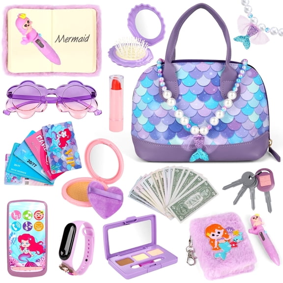 Flooyes Kids Makeup Toy Set Mermaid Pretend Play Handbag Toys For Girls, Beauty Makeup Toys With Necklace and Watch For Kids Girls 3 4 5 6 7 8 Birthday Gift Pink