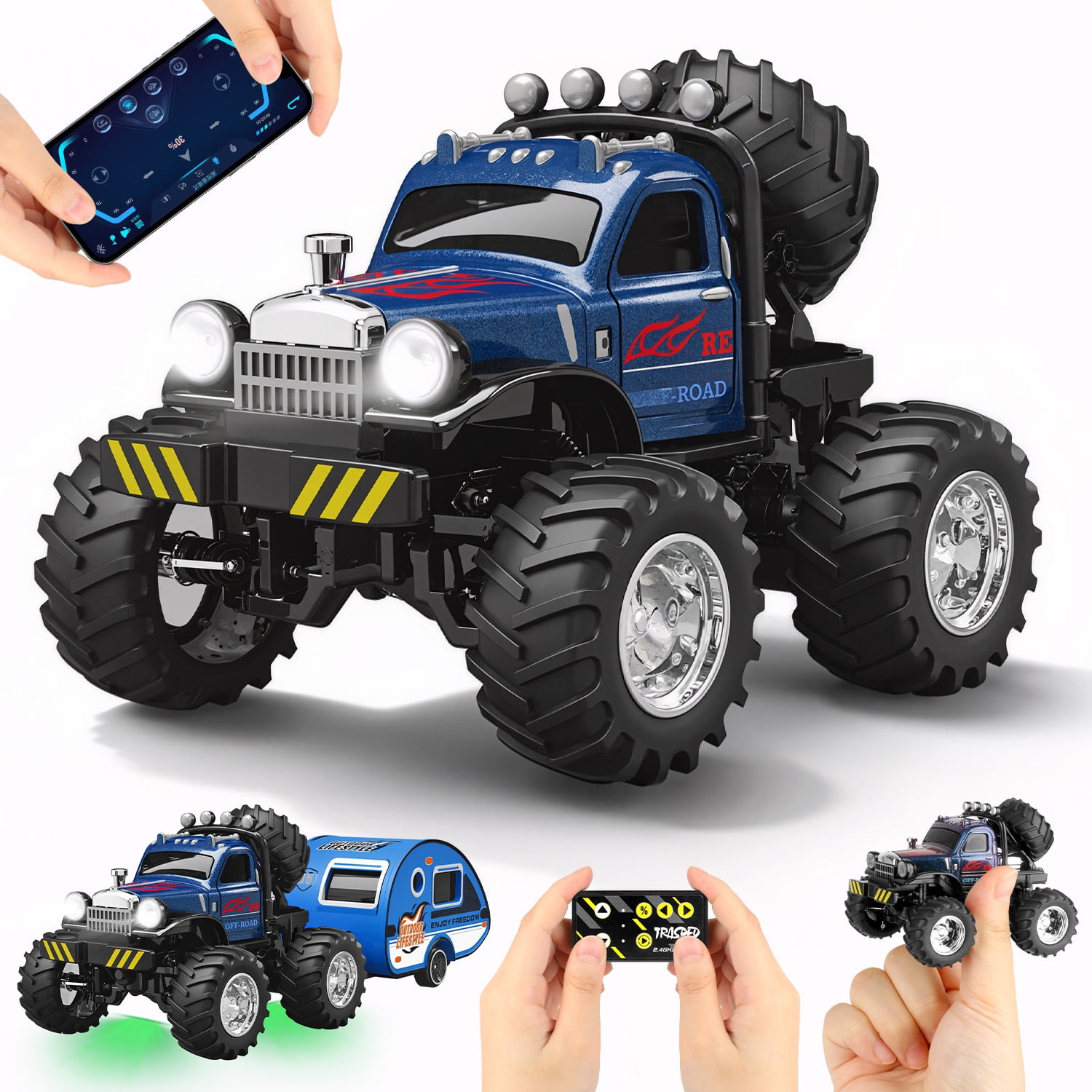 Flooyes Mini Remote Control Monster Truck with Trailer, 24Ghz RC Car with Lights, Birthday Gift Toys For Kids Boys Girls 3 4 5 6 7 8