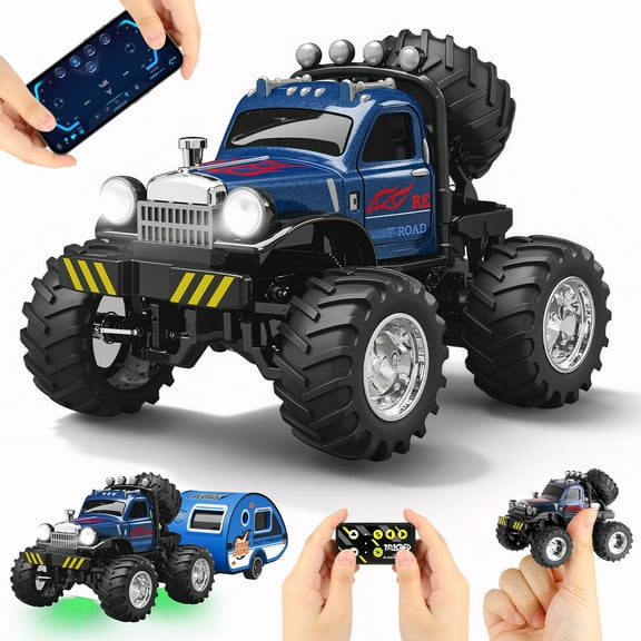 Flooyes Mini Remote Control Monster Truck with Trailer, 24Ghz RC Car with Lights, Birthday Gift Toys For Kids Boys Girls 3 4 5 6 7 8
