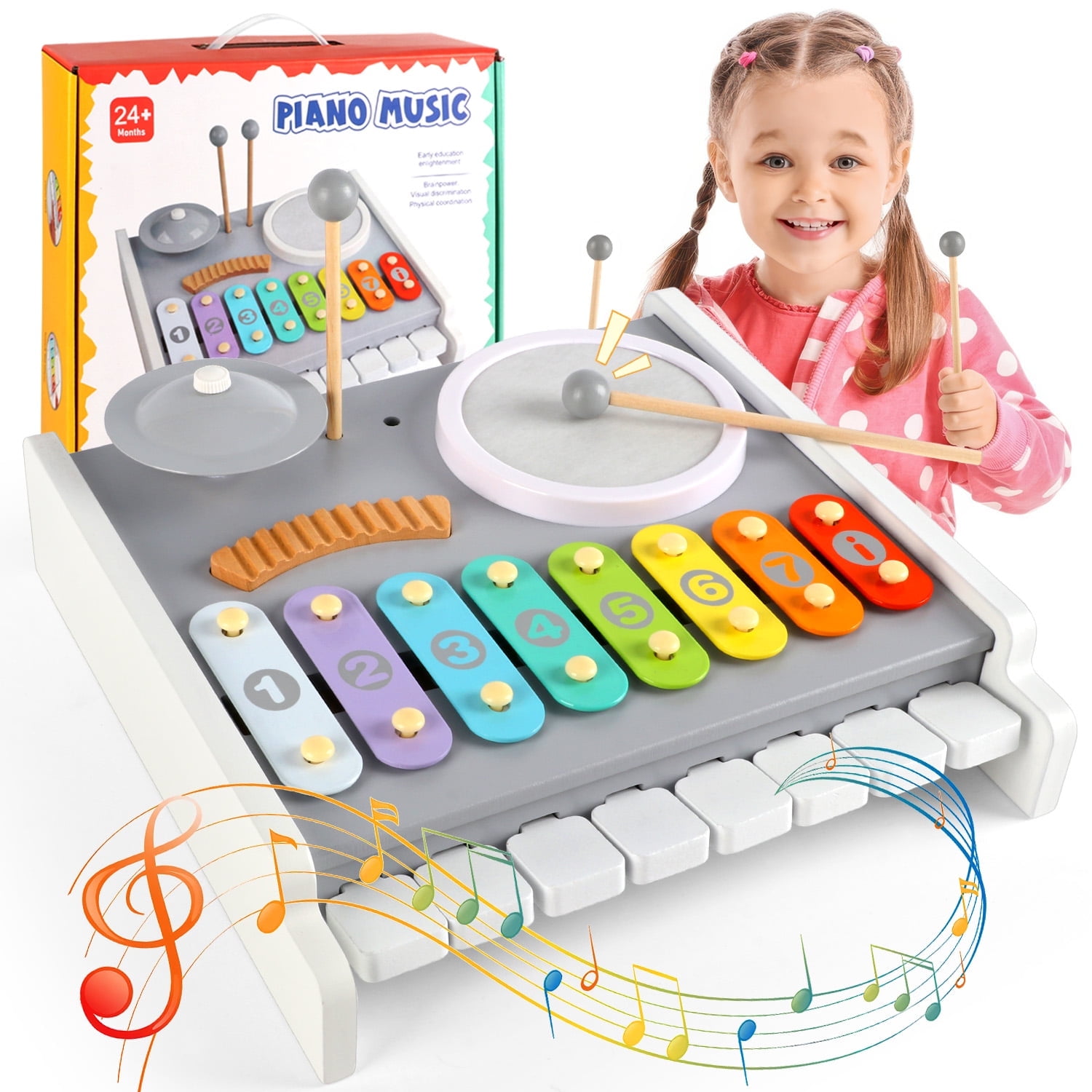 Flooyes Kids Drum Set, Musical Instruments Toys for Toddlers, 5-in-1 Montessori Toys, Wooden Piano Keyboard Xylophone, Educational Toys Birthday Gift