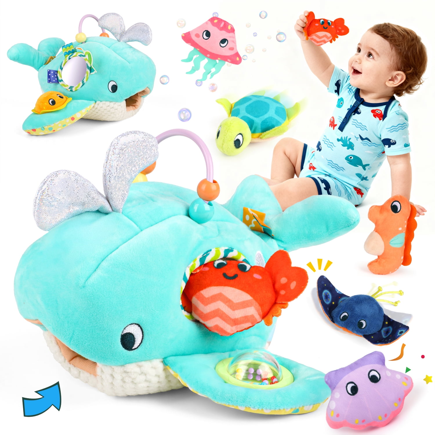 Flooyes Plush Ocean Animal Toy Set, 5 Sea Animals with Whale, Manta Ray, Turtle, Jellyfish, Crab, Seahorse, Shell, Birthday Gift Toys for Kids Boys Girls 3 4 5 6