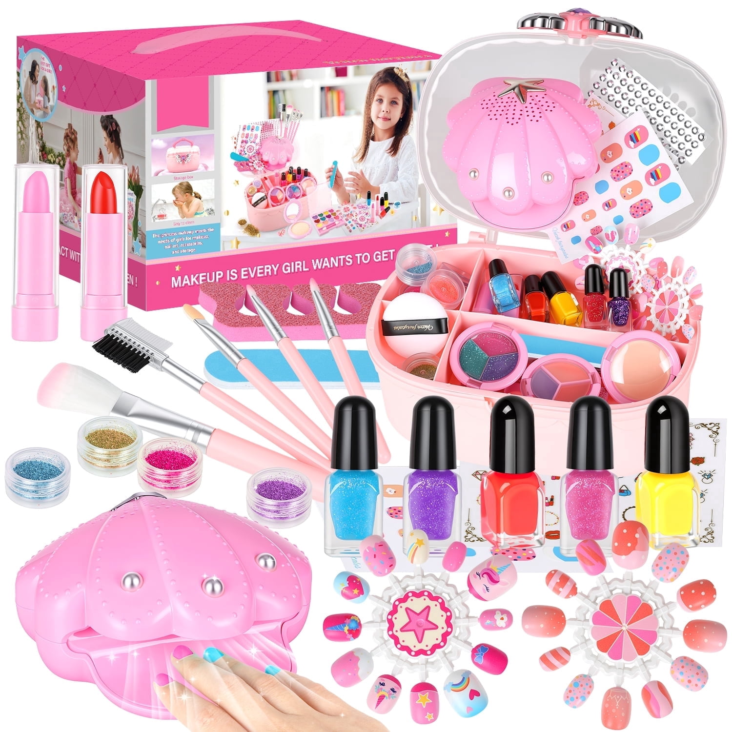 Flooyes Pretend Play Kids Colorful  Nail Toys Set, Shell Makeup Toy Kit for Little Girls Age 7-12 , Idea Birthday Gift for Kids 3-12