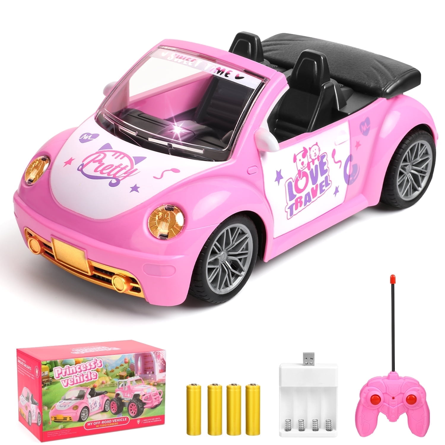 Flooyes Remote Control Car for Girls, Pink RC Car, 2.4Ghz RC Convertible with Rechargeable Battery, Birthday Gifts Toy for 3 4 5 6 7 8 Years Old Girls Boys