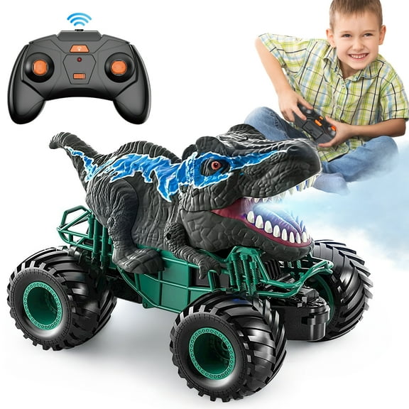 Flooyes Remote Control Dinosaur Car for Boys Kids Ages 3 4 5 6 7 8+ Years, 2.4ghz RC Dinosaur Truck for Toddlers, Electronic Rc Car with Light Sound & Spray All Terrain Car for 3 4 5 6-8 Kids