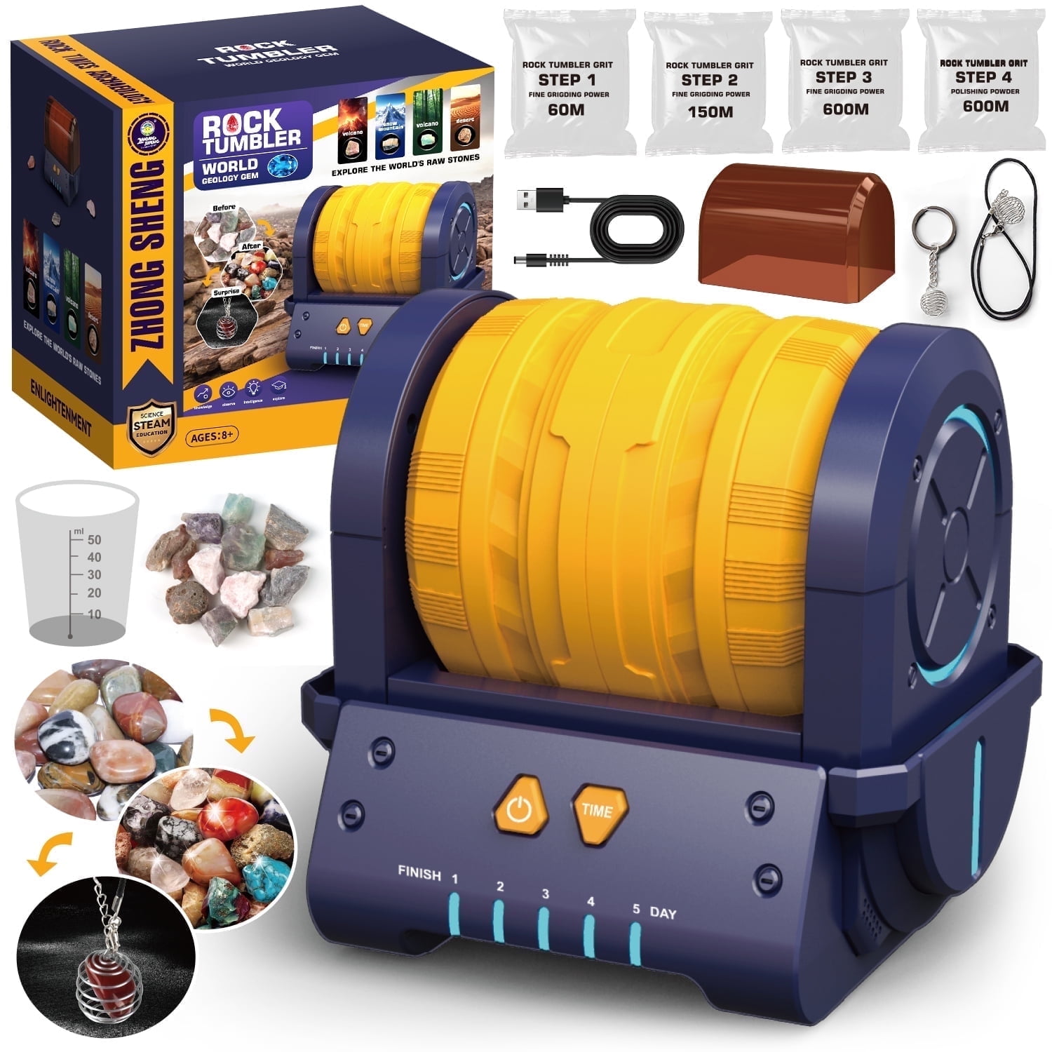 Flooyes Scientific Rock Tumbler Set, Stone Toys With Machine, STEM Educational Gift for Boys and Girls 3-8 Years Old