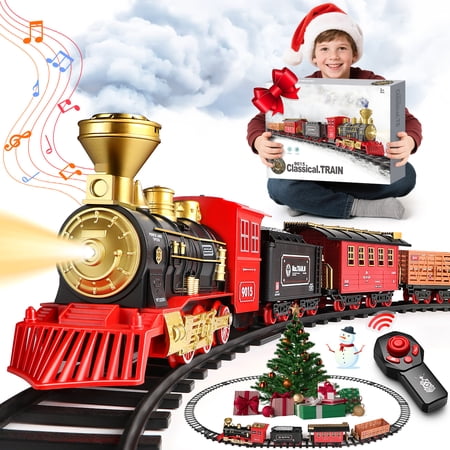 Flooyes Electric Train Set, Train Toys with Remote Control Trains for Boys with Smokes, Lights and Sound, Christmas train set for under tree, Toddler Model Trains for 3 4 5 6 7 8+ Years Old Kids
