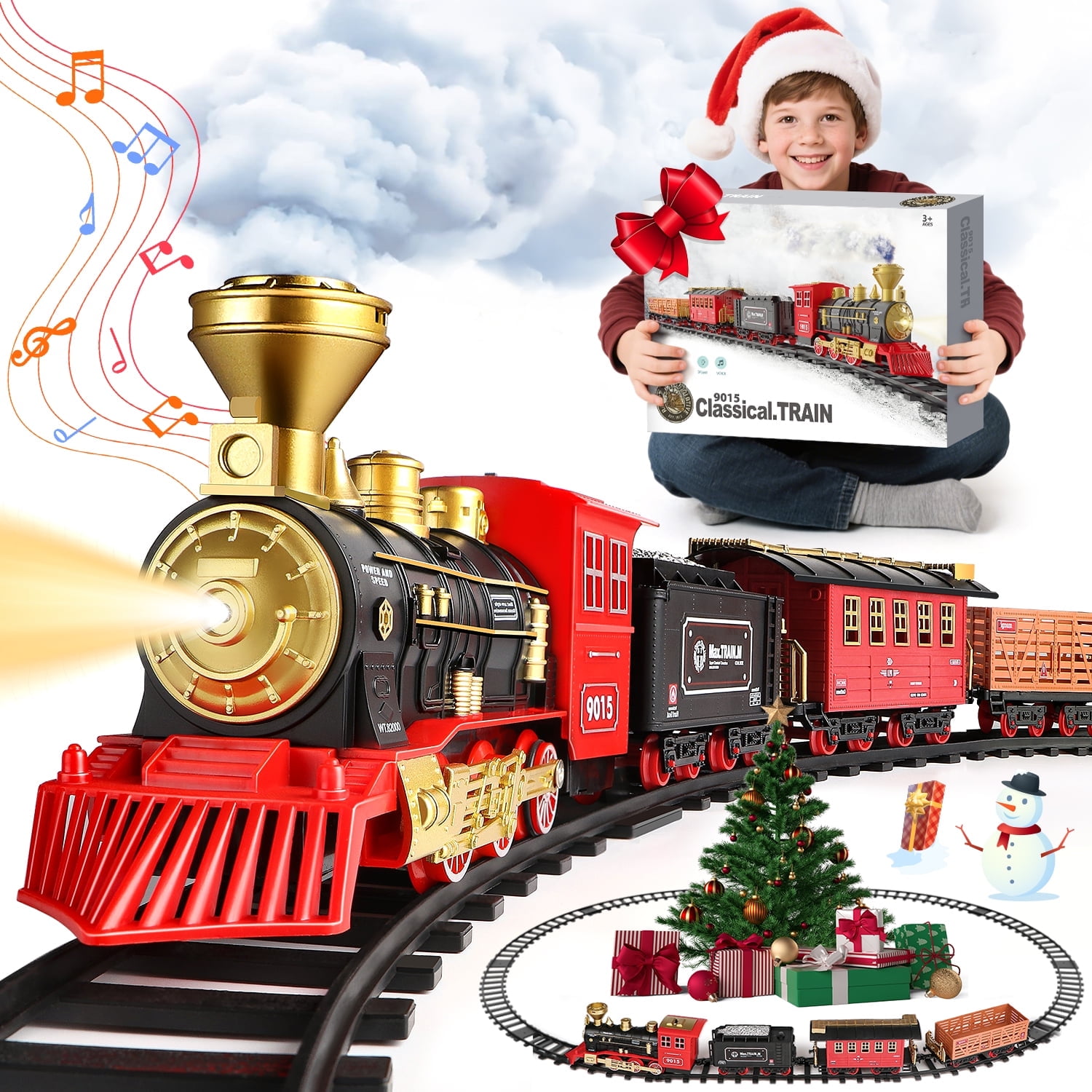 Flooyes Train Set for Boys Girls, Classic Train Toys with Smoke, Light & Sound,Under the Christmas Tree Toy Train Set, Christmas Birthday Gift for Kids 3+ Years Old