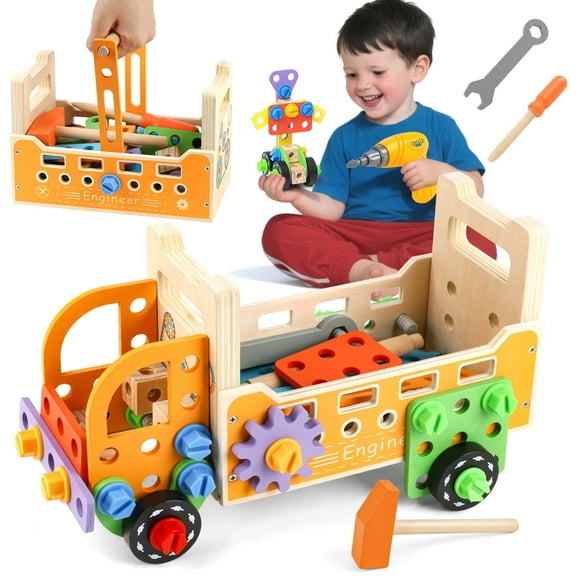 Flooyes Wooden Truck Tool Set With Dill, Pretend Play Tool Toys Kit For Kids Ages 3 4 5 6, Birthday Gift For Boys Girls