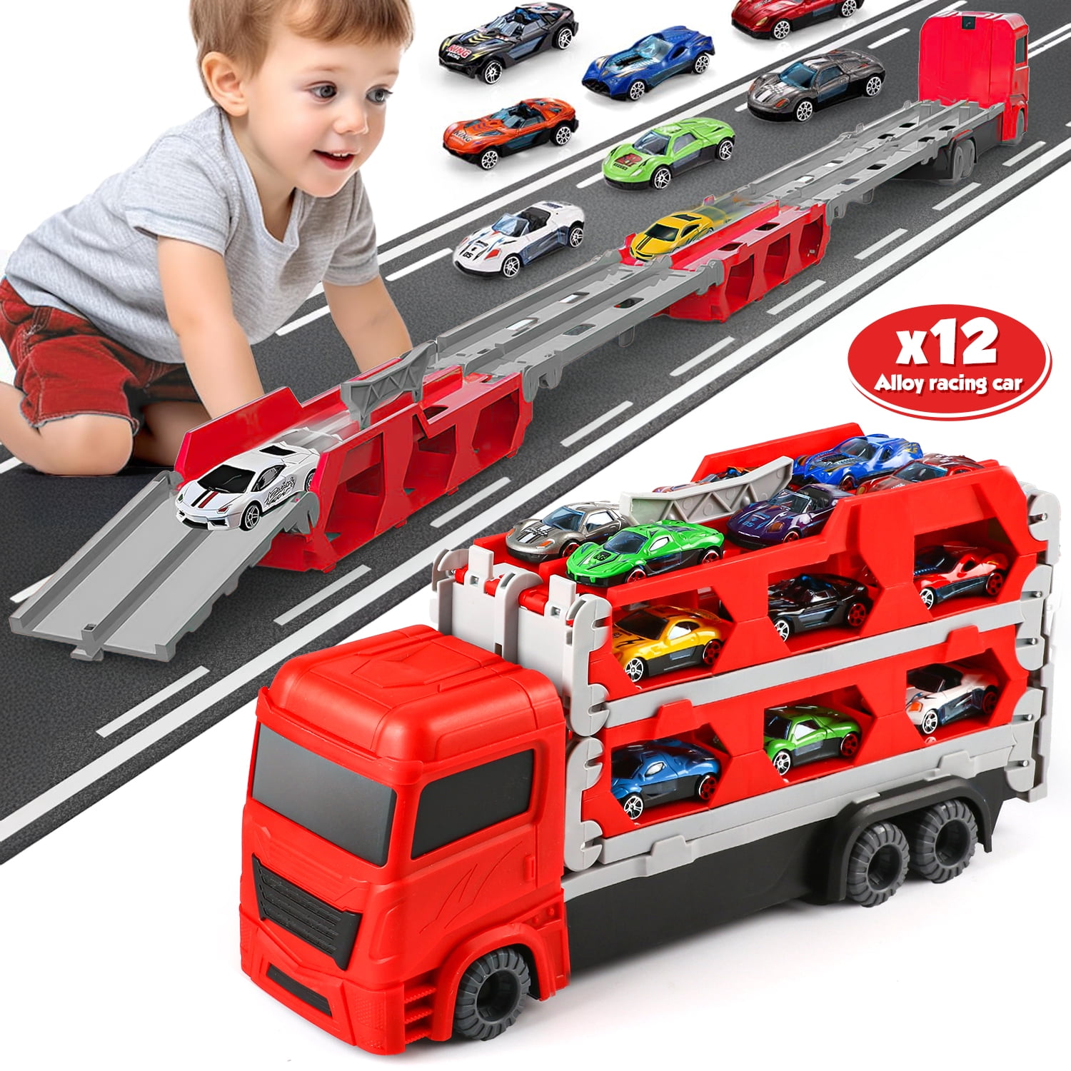 Flooyes Carrier Truck Toys for Kids, Transport Race Trucks Set, W/ Deform Folding Track & 12 Race Cars, Toys for 3-8 Years Old Toddler Car Set Gifts for Boys and Girls(Red)