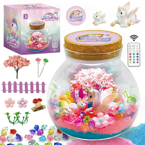 Flooyes Unicorn Toy for Girls 3 4 5 6 7 8+ , DIY Terrarium Kit for Kids, Art& Crafts Kit, Colorful LED Night Light Birthday  Gift for Kids 3-6 Years