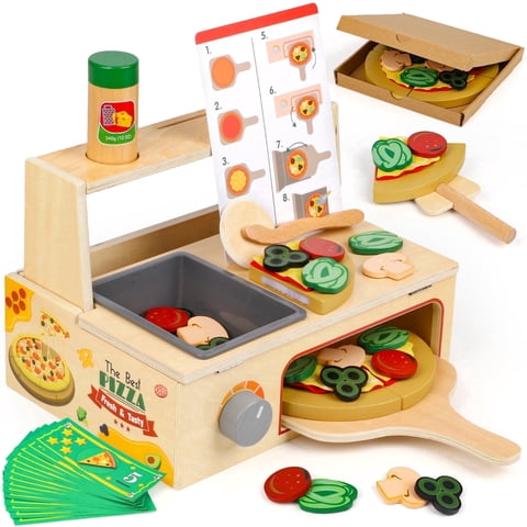 Flooyes Wooden Pizza Counter Play Set, Pretend Play Food Toys with Stove, Birthday Gift Toys For Kids Age 3 4 5 6 7 8