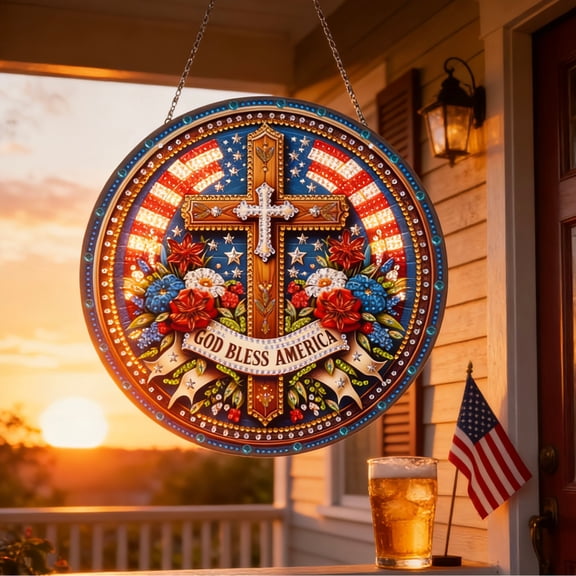 FLOPESH DIY Diamond Art Kit for Adults, Patriotic "God Bless America" Cross Round Ornament, 4th of July Home Decor Wall Hanging & Craft Gift(7.5*7.5in)