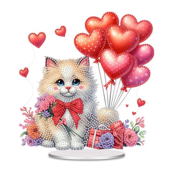 Flopesn Red Romance Theme DIY Diamond Art Painting Decorative Handcrafted Ornament, Creative Design Acrylic Home Decor Desktop Valentine's Day Gift (Single-Sided Diamond)-Cat