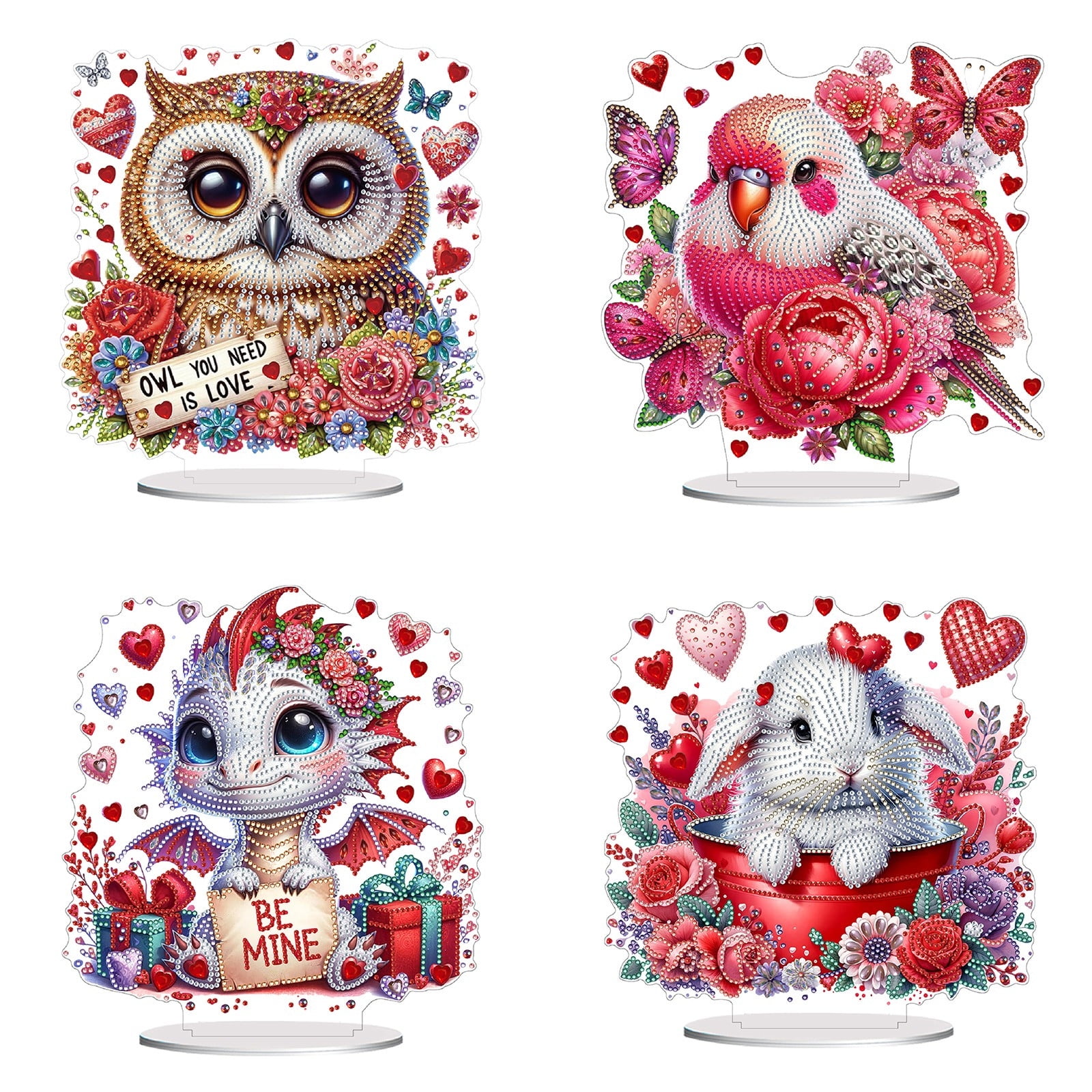Flopesn Romantic Animal DIY Diamond Art Painting Decorative Ornament, Valentine's Day Gift Creative Design Pet Home Decor (Double-Sided Pattern, Single-Sided Diamonds)-4PCS