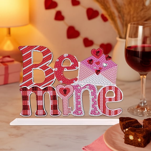 Flopesn Romantic Text DIY Diamond Art Painting Decorative Tabletop Ornament, Valentine's Day Creative Design PET Material Home Decor (Single-Sided Rhinestone Accents)-Be Mine