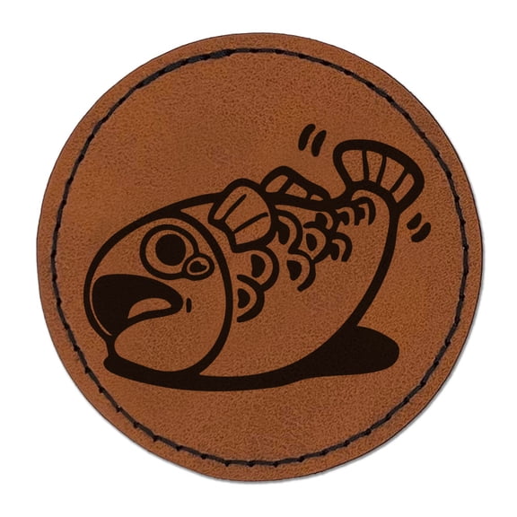Flopping Distressed Fish Struggling Seafood Ocean Round Iron-On Engraved Faux Leather Patch Applique - 2.5 Inch - Brown
