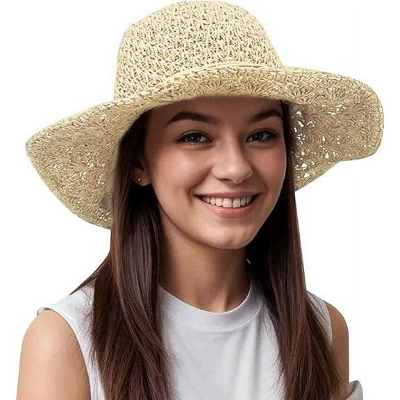 Floppy Beach Straw Hats for Women Foldable Summer Wide Brim Packable Sun Hat Womens Travel Straw Fedora Hat