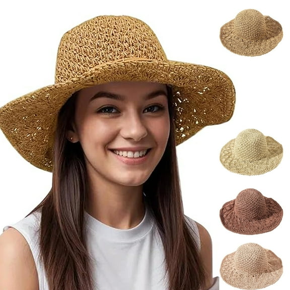 Floppy Beach Straw Hats for Women Foldable Summer Wide Brim Packable Sun Hat Womens Travel Straw Fedora Hat