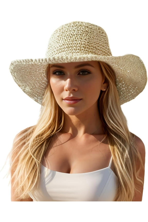 Floppy Big Beach Straw Hats for Women Foldable Summer Wide Brim Packable Sun Hat Womens Travel Straw Fedora Hat