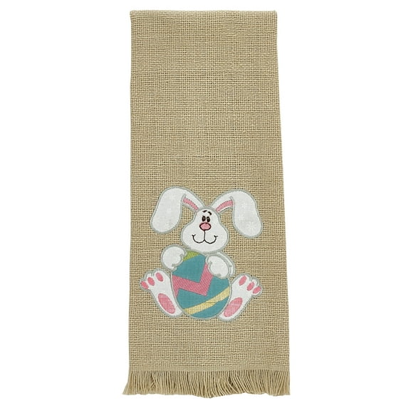 Floppy Ear Bunny Holding Easter Egg Appliqued Cotton Burlap Look Kitchen Towel