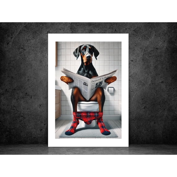 Floppy Ear Doberman On Toilet Dog Bathroom Art Funny Pet Dog Print ...