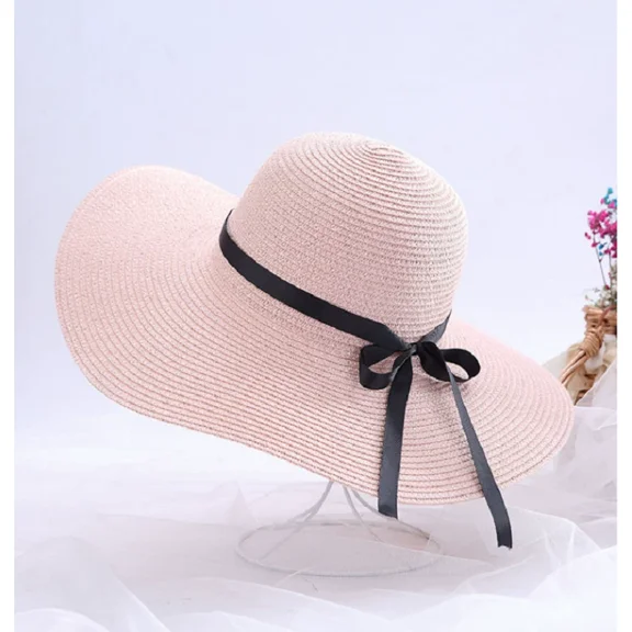 Floppy Foldable Ladies Women Straw Beach Sun Hat Summer Travel Wide Brim Cap-Light Pink
