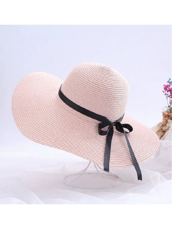 Floppy Foldable Ladies Women Straw Beach Sun Hat Summer Travel Wide Brim Cap-Light Pink