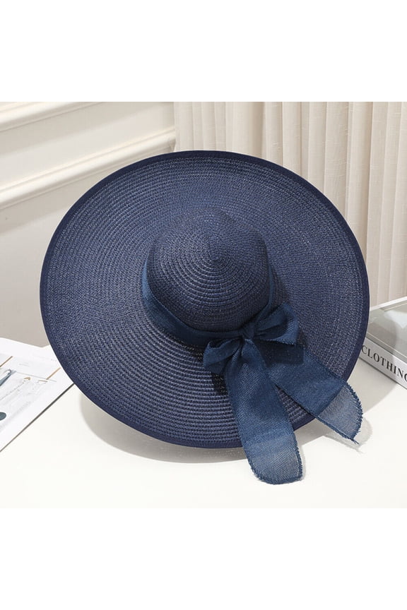 Floppy Foldable Ladies Women Straw Beach Sun Hat Summer Travel Wide Brim Cap UK-Navy Blue