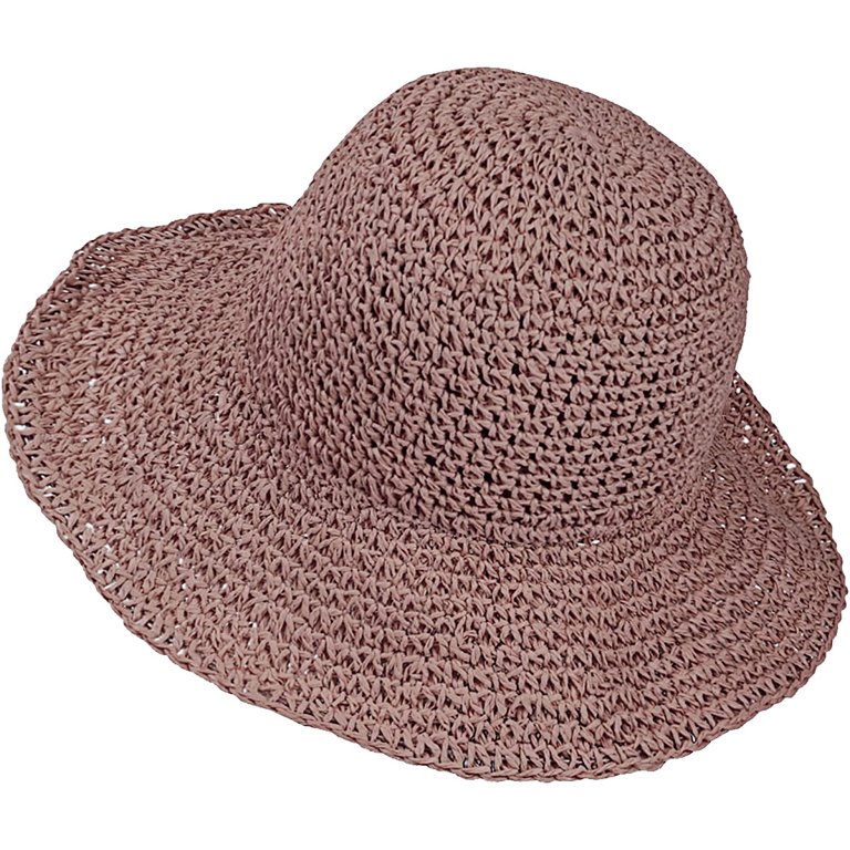 Floppy Straw Sun Hat Foldable Packable Wide Brim Summer Beach Hat Crochet  Bucket Hat for Women-Pink