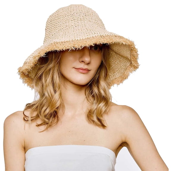 Floppy Straw Sun Hat for Womens Foldable Packable Wide Brim Summer Beach Hat Crochet Frayed Bucket Hat(Size:Large)