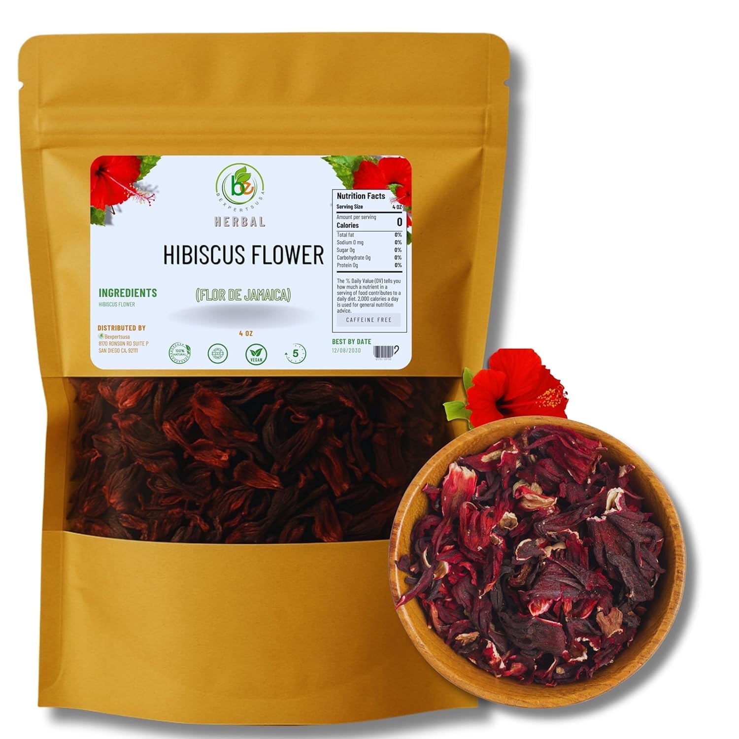 Jamaica (Hibiscus) Dried Flowers  4 oz Loose Leaf Herbal Tea  Whole Petals & Flowers  Authentic Mexican Agua Fresca Ingredient  100% Natural, Non-GMO, No Sugar, Caffeine-Free, Antioxidant-Rich 