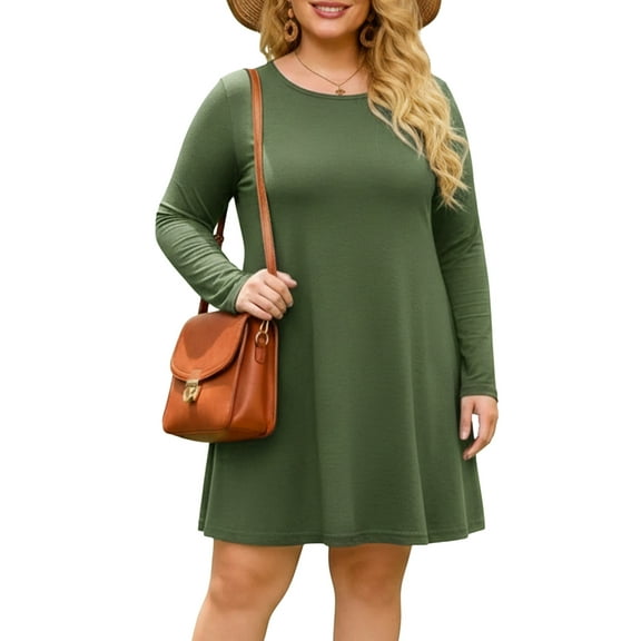 FlorCurve Plus Size Dresses for Women Long Sleeve Midi Dress with Pockets Casual T-Shirt Dresses, Army Green XL