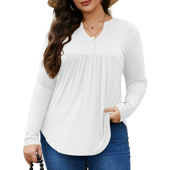 FlorCurve Plus Size Henley Shirts for Women Long Sleeve V Neck Tunic Tops Flared Rayon Button Up Blouse, White 2XL