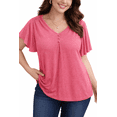 thumbnail image 1 of FlorCurve Plus Size Blouse for Women Flutter Short Sleeve V Neck Pleated Button Tops Casual Cotton Tunic Shirts, Pink 5XL, 1 of 6