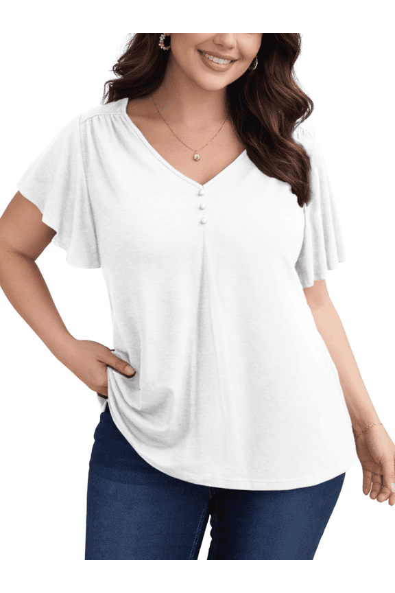 Plus Size Blouse for Women Flutter Short Sleeve V Neck Pleated Button Tops Casual Cotton Tunic Shirts, White 2XL