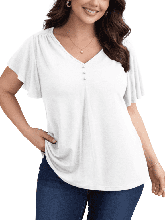 Plus Size Blouse for Women Flutter Short Sleeve V Neck Pleated Button Tops Casual Cotton Tunic Shirts, White 3XL