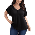 thumbnail image 1 of FlorCurve Plus Size Blouse for Women V Neck Pleated Button Flutter Short Sleeve Tops Casual Cotton Tunic Shirts, Black 3XL, 1 of 6