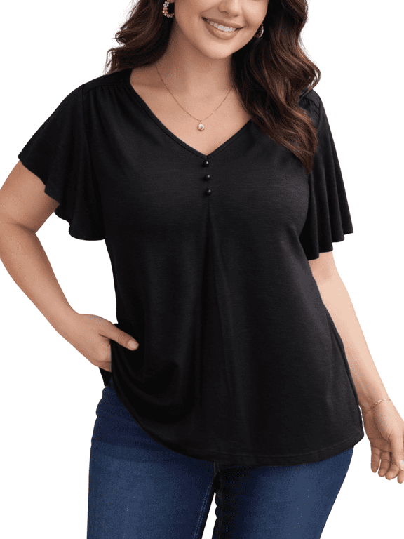 Plus Size Blouse for Women V Neck Pleated Button Flutter Short Sleeve Tops Casual Cotton Tunic Shirts, Black 3XL