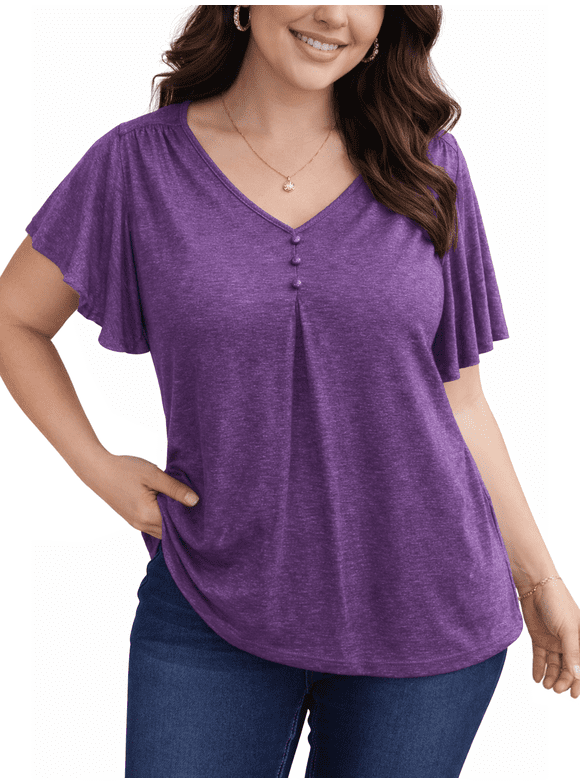 Plus Size Blouse for Women V Neck Pleated Button Flutter Short Sleeve Tops Casual Cotton Tunic Shirts, Purple 3XL