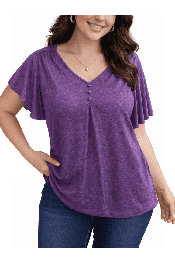Plus Size Blouse for Women V Neck Pleated Button Flutter Short Sleeve Tops Casual Cotton Tunic Shirts, Purple 3XL
