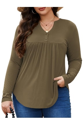 Plus Size Henley Shirts for Women Long Sleeve V Neck Tunic Tops Flared Casual Button Up Blouse, Army Green 3XL