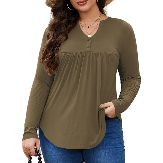 FlorCurve Plus Size Henley Shirts for Women Long Sleeve V Neck Tunic Tops Flared Casual Button Up Blouse, Army Green 3XL