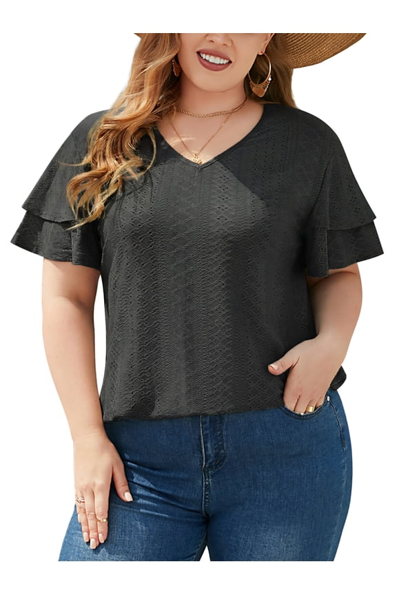 Plus Size Blouses for Women Short Double Ruffle Sleeve V-Neck Tunic Tops Eyelet Casual Shirts, Black 2XL