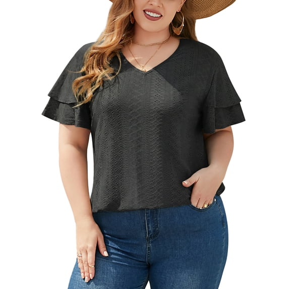 FlorCurve Plus Size Blouses for Women Short Double Ruffle Sleeve V-Neck Tunic Tops Eyelet Casual Shirts, Black XL