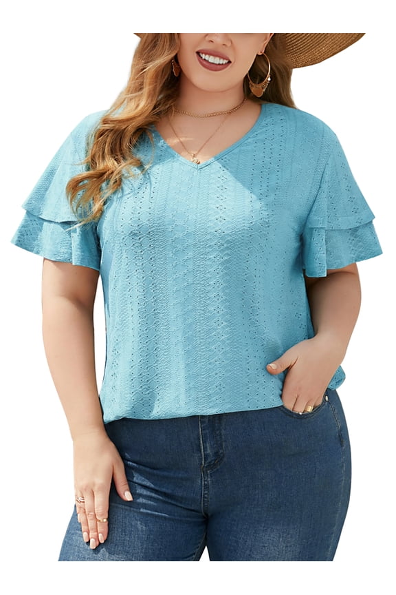 Plus Size Blouses for Women Short Double Ruffle Sleeve V-Neck Tunic Tops Eyelet Casual Shirts, Blue XL
